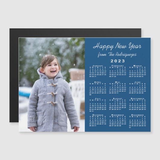 2023 Kalender Foto Happy New Year Blue Magnet (Voorkant / Achterkant)