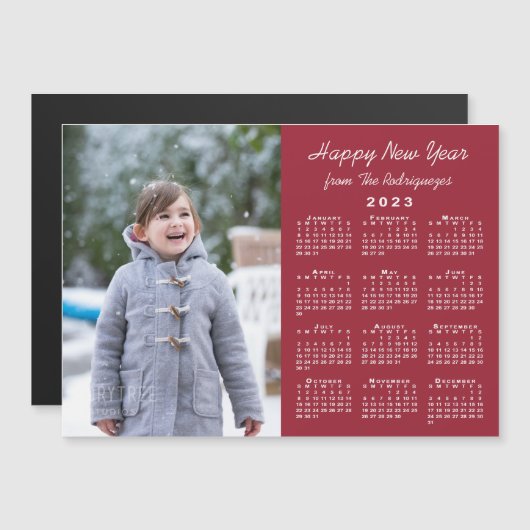 2023 Kalender Foto Happy Nieuwjaar Burgundy Magnet (Voorkant / Achterkant)