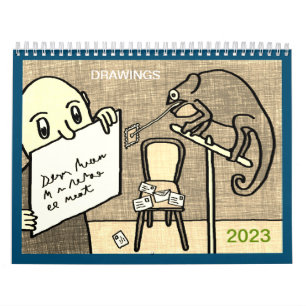 2023 kalender met kinderachtige sepia-tekeningen