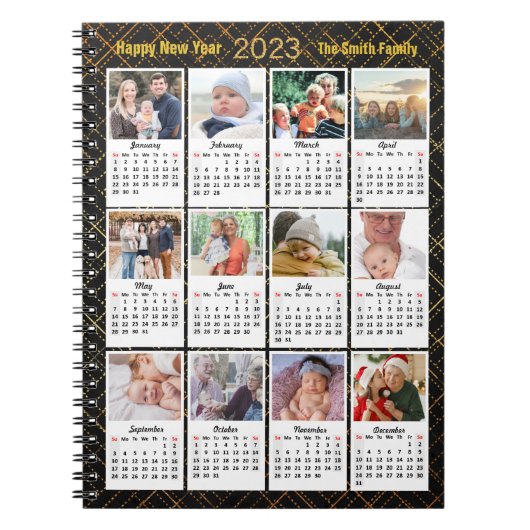 2023 Kalender Moderne familie 12 Foto Collage DIY Notitieboek (Voorkant)