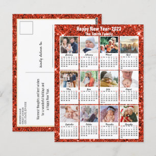 2023 Kalender moderne reeks 12 Foto Red Glitter Briefkaart