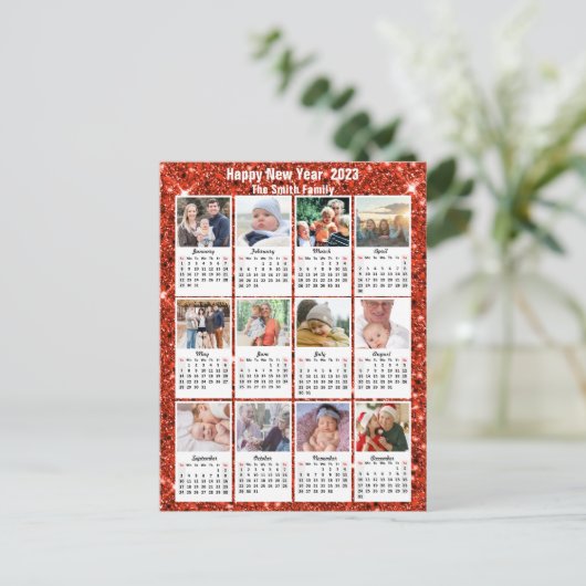 2023 Kalender moderne reeks 12 Foto Red Glitter Briefkaart (Staand voorkant)