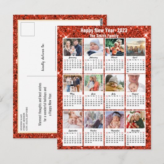 2023 Kalender moderne reeks 12 Foto Red Glitter Briefkaart (Voorkant / Achterkant)