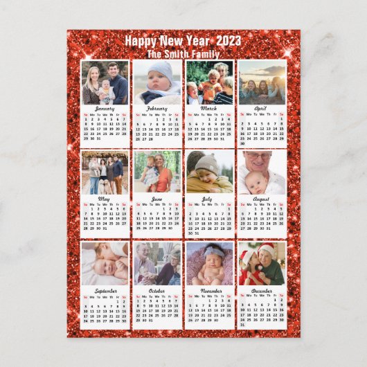 2023 Kalender moderne reeks 12 Foto Red Glitter Briefkaart (Voorkant)