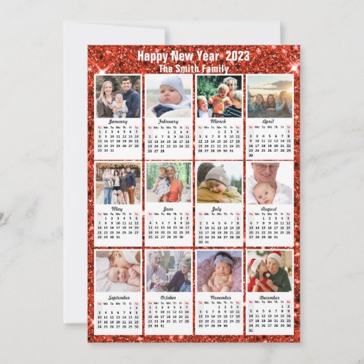 2023 Kalender moderne reeks 12 Foto Red Glitter Feestdagenkaart (Voorkant)
