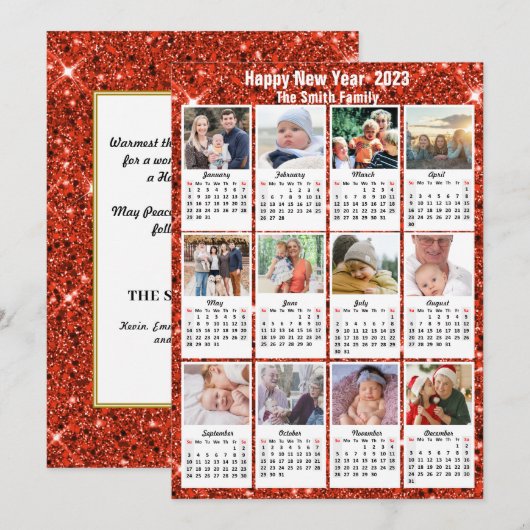 2023 Kalender moderne reeks 12 Foto Red Glitter Feestdagenkaart (Voorkant / Achterkant)