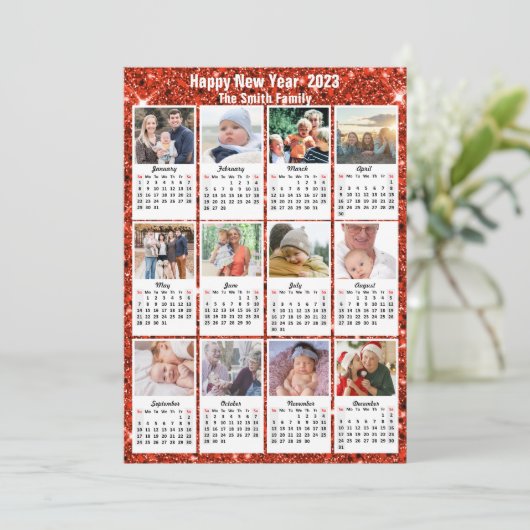 2023 Kalender moderne reeks 12 Foto Red Glitter Feestdagenkaart (Staand voorkant)