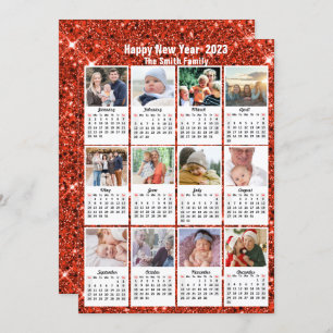2023 Kalender moderne reeks 12 Foto Red Glitter Feestdagenkaart