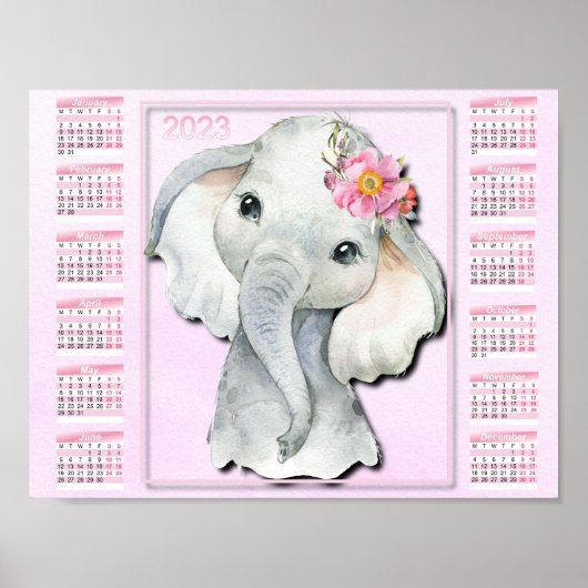 2023 Kinderkalender, Waterverf Olifant, Bloemen Poster (Voorkant)
