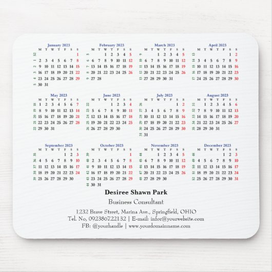 2023 Mini Calendar Maandag ISO Week White Muismat (Voorkant)
