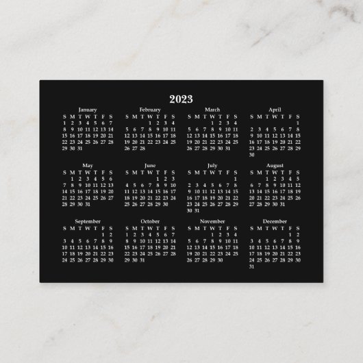2023 Mini Calendar SUNDAY Start BLACK Visitekaartje (Achterkant)