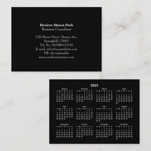 2023 Mini Calendar SUNDAY Start BLACK Visitekaartje (Voorkant / Achterkant)