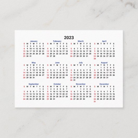 2023 Mini Calendar SUNDAY Start San Serif Font Visitekaartje (Achterkant)