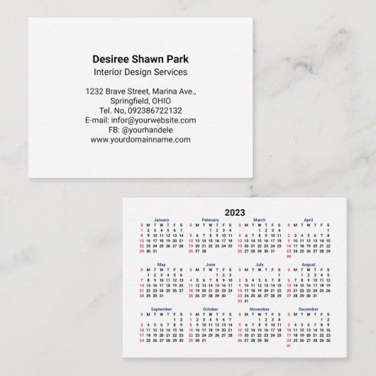 2023 Mini Calendar SUNDAY Start San Serif Font Visitekaartje (Voorkant / Achterkant)