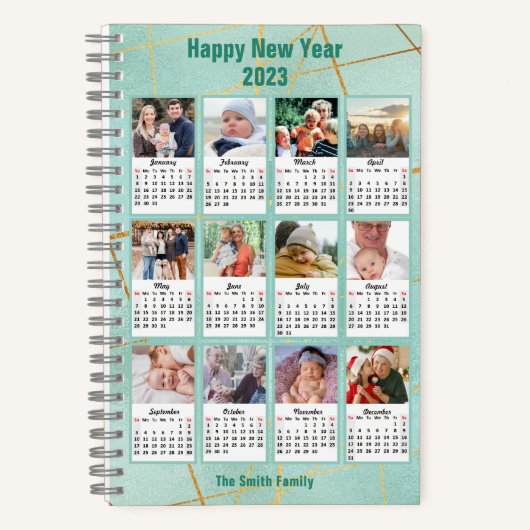 2023 Mint Gold Modern Family 12 Fotokalender Notitieboek (Voorkant)