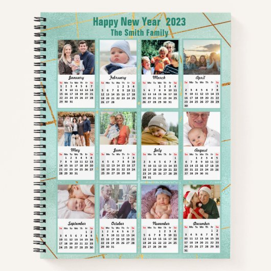 2023 Mint Gold Modern Family 12 Fotokalender Notitieboek (Voorkant)