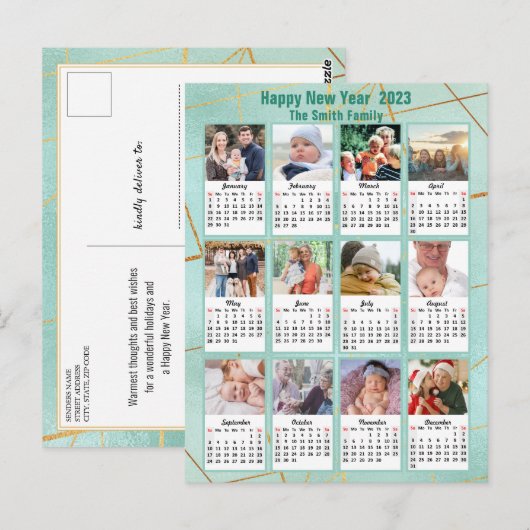 2023 Mint Green Modern Family 12 Fotokalender Briefkaart (Voorkant / Achterkant)