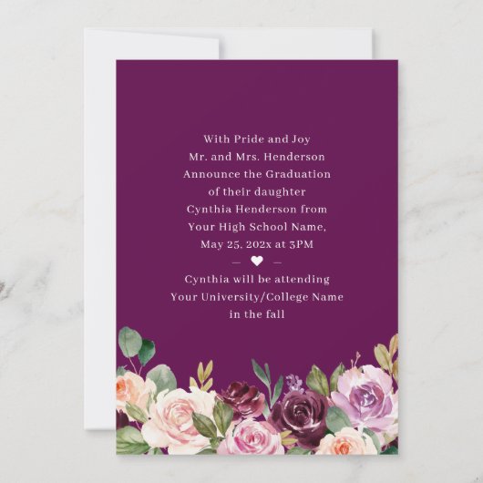2023 Modern Afstuderen Paars Afstuderen van Floral Aankondiging (Achterkant)