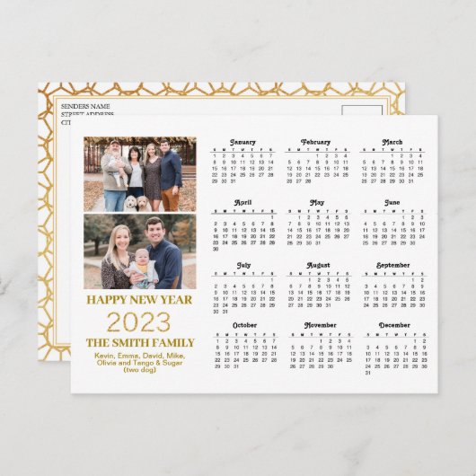 2023 Modern Gold Glitter Script 2 Photo Calendar Briefkaart (Voorkant / Achterkant)
