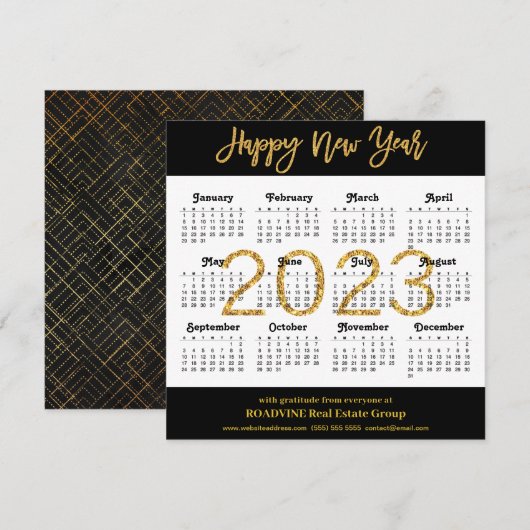 2023 Modern Gold Script op Black Business Calendar Feestdagenkaart (Voorkant / Achterkant)