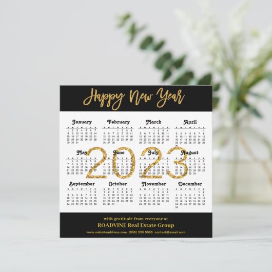 2023 Modern Gold Script op Black Business Calendar Feestdagenkaart (Staand voorkant)