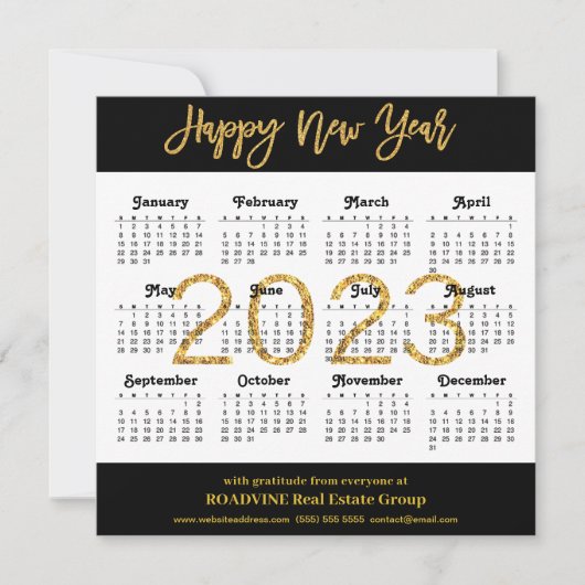 2023 Modern Gold Script op Black Business Calendar Feestdagenkaart (Voorkant)