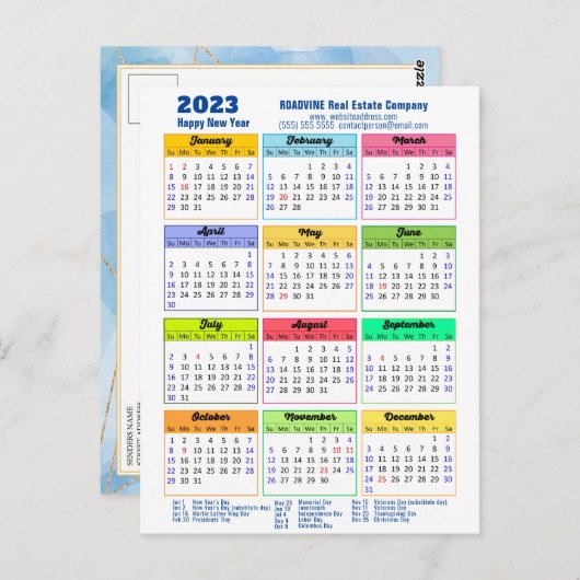 2023 Modern Yarly Calendar Corporate Blue Gold Briefkaart (Voorkant / Achterkant)