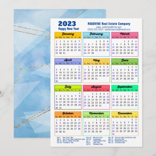 2023 Modern Yarly Calendar Corporate Blue Gold Feestdagenkaart (Voorkant / Achterkant)