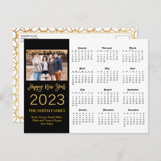 2023 Moderne Gold Glitter Script Photo Calendar Briefkaart (Voorkant / Achterkant)