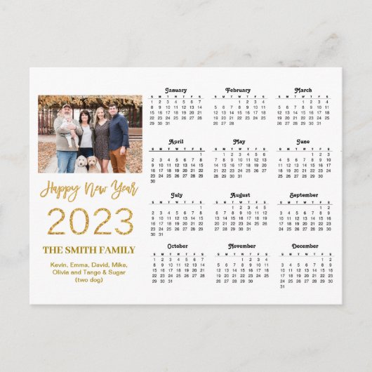 2023 Moderne Gold Glitter Script Photo Calendar Briefkaart (Voorkant)
