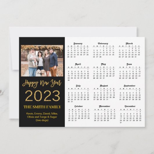 2023 Moderne Gold Glitter Script Photo Calendar Feestdagenkaart (Voorkant)