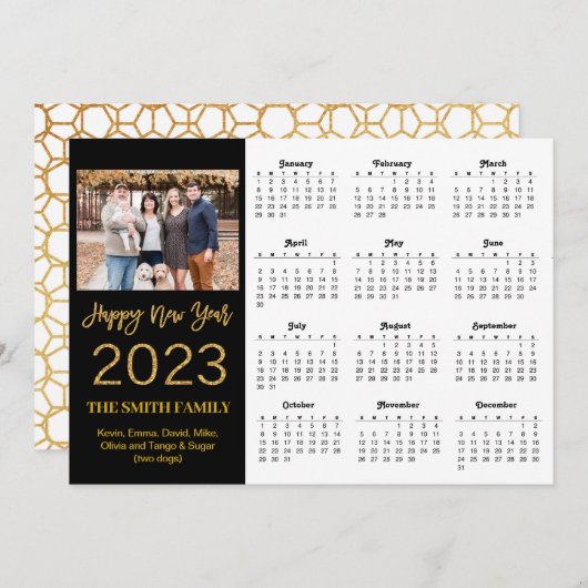 2023 Moderne Gold Glitter Script Photo Calendar Feestdagenkaart (Voorkant / Achterkant)