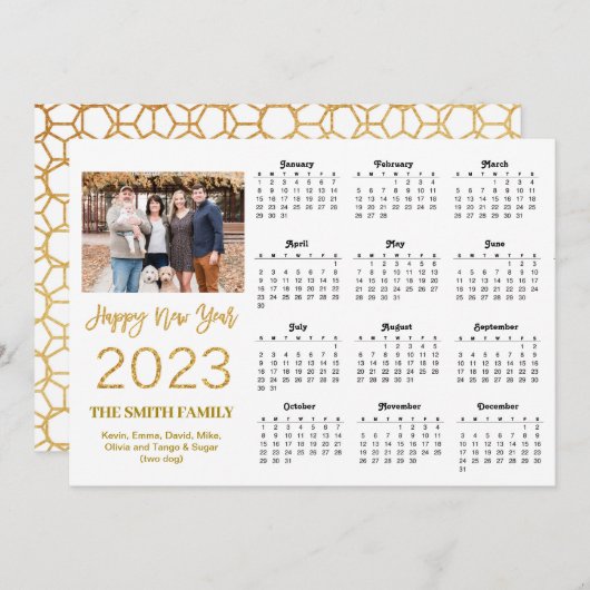 2023 Moderne Gold Glitter Script Photo Calendar Feestdagenkaart (Voorkant / Achterkant)