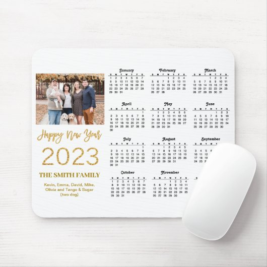 2023 Moderne Gold Glitter Script Photo Calendar Muismat (Met muis)
