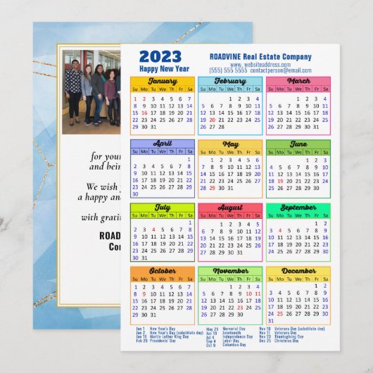 2023 Moderne Jaarlijkse Kalender Bedrijfsblauw Fot Feestdagenkaart (Voorkant / Achterkant)