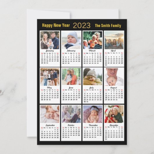 2023 Moderne reeks 12 Photo Gold Script Calendar Feestdagenkaart (Voorkant)
