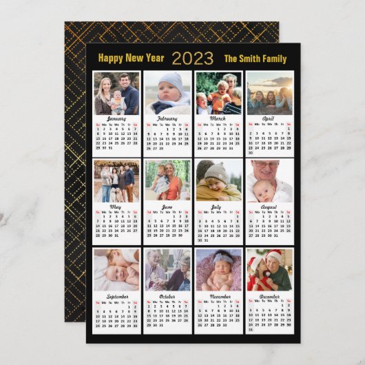 2023 Moderne reeks 12 Photo Gold Script Calendar Feestdagenkaart (Voorkant / Achterkant)