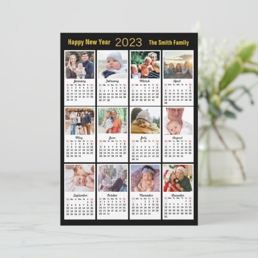 2023 Moderne reeks 12 Photo Gold Script Calendar Feestdagenkaart (Staand voorkant)