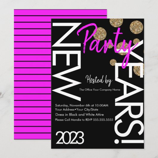 2023 Neon New Years Party Pink White Typografie Kaart (Voorkant / Achterkant)