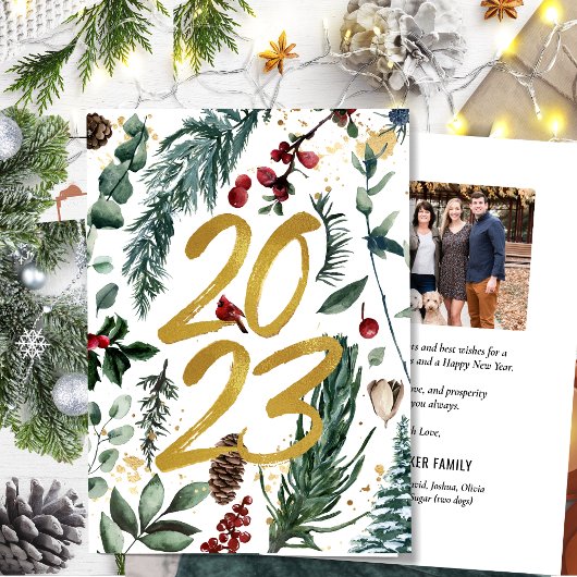 2023 Nieuwjaar Festive Pine Bough Gold Script Phot Feestdagen Kaart