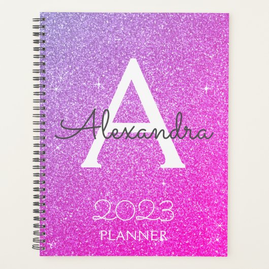 2023 Paarse Roze Glitter Glans Monogram Planner (Voorkant)