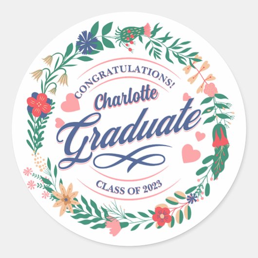 2023 Retro Flower Wreath Afstudeerder Party Napkin Ronde Sticker (Voorkant)