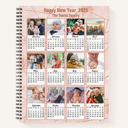 2023 Roos Gold Modern reeks 12 Fotokalender Notitieboek (Voorkant)