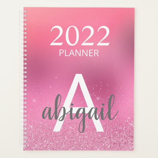 2023 Roze Glitter Stijlvolle Monogram Naam Planner (Voorkant)