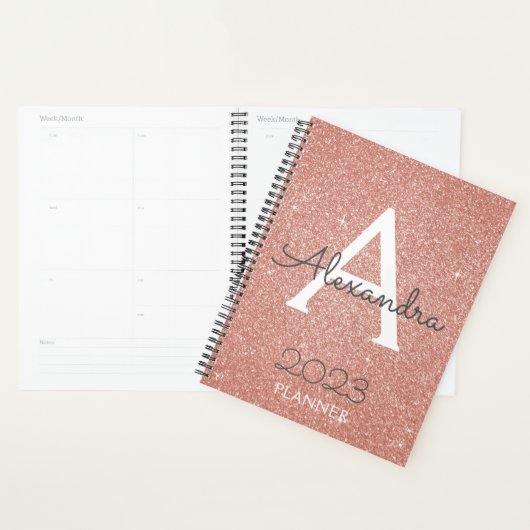 2023 Roze Goud Blush Roze Glitter Monogram Planner (Display)