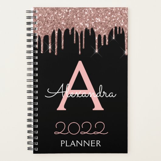 2023 Roze Goud - Blush Roze Zwart Glitter Monogram Planner (Voorkant)