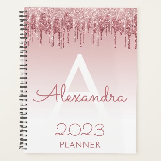 2023 Roze Goud Roze Glitter Glans Monogram Planner (Voorkant)