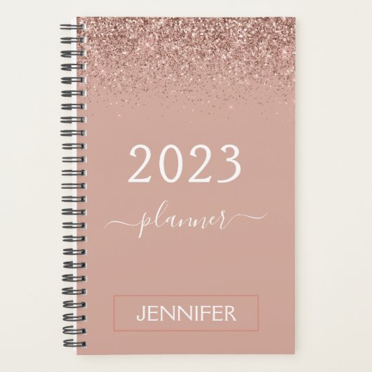 2023 Roze Goud Roze Glitter Monogram Meisjesachtig Planner (Voorkant)