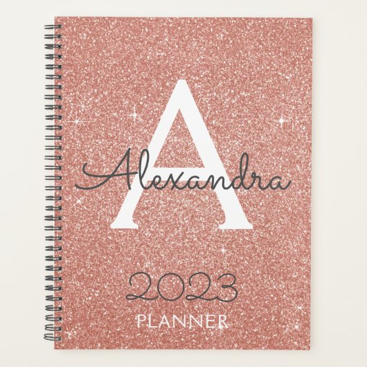 2023 Roze Goud Roze Glitter Monogram Planner (Voorkant)