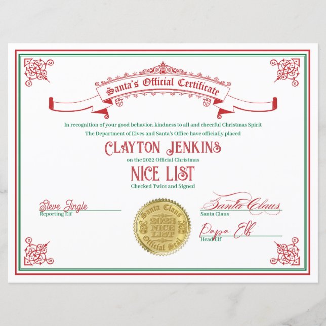 2023 Santa Nice Lijst Certificaat (Voorkant)